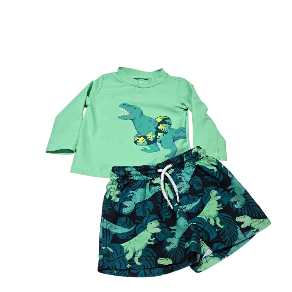 Carter's Mint Green Dinosaur Rashguard Set with Navy Dino Shorts